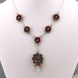 Red Coral Sterling Silver Petit Point Squash Blossom Y-Necklace Zuni J1412